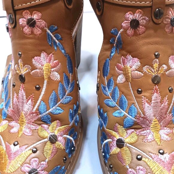 Floral Embroidered Western Cut-Out Ankle Booties Size 10 Block Heel Faux Leather - Picture 7 of 9